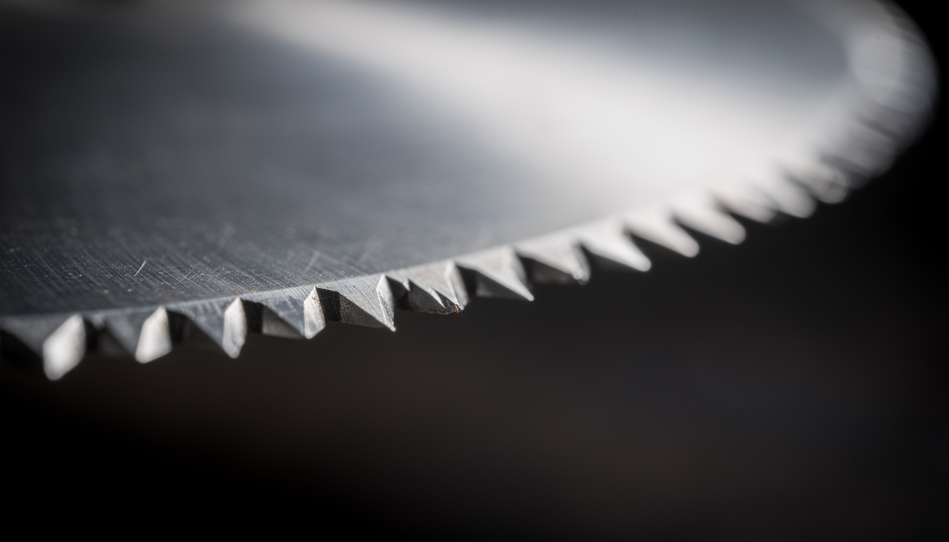 Macro photo of serrated doner knife edge: close-up of sharp stainless steel teeth