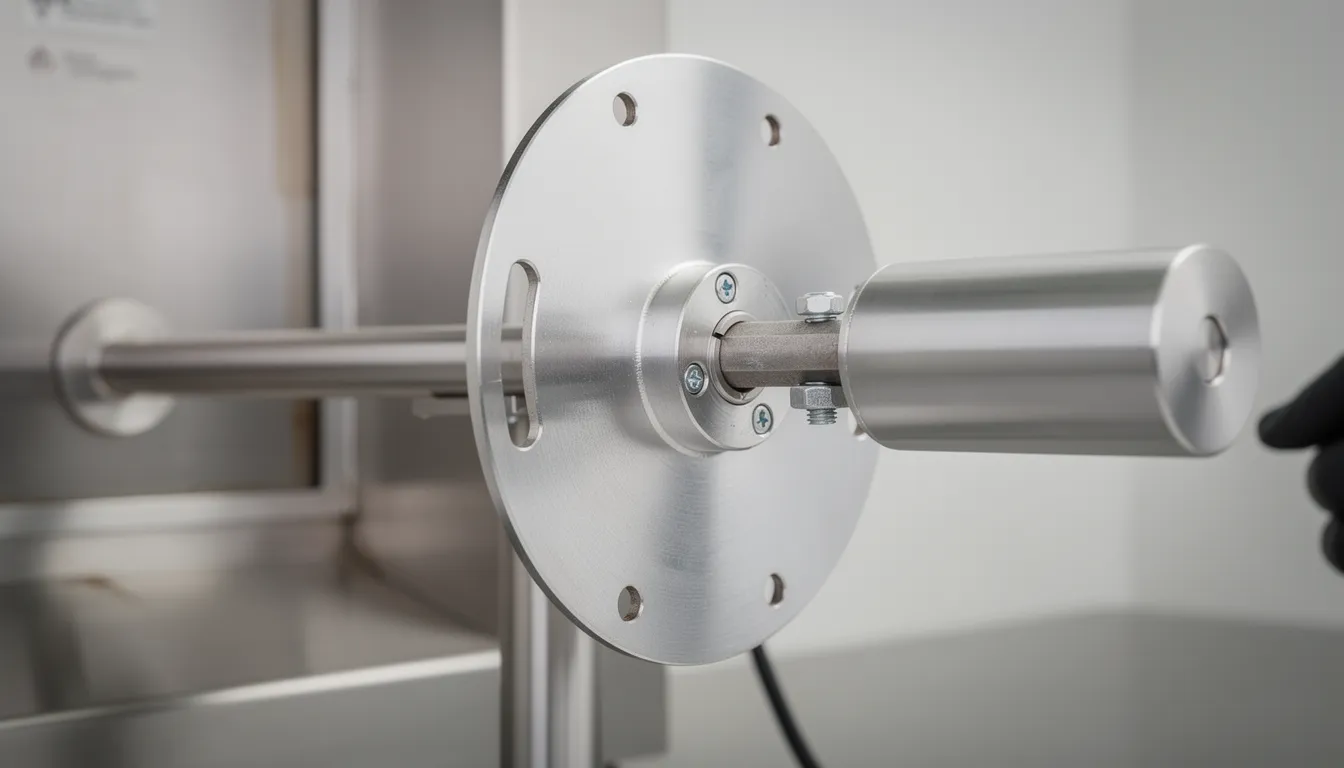 140mm donerknivblad med 4 hål – tydlig teknisk detalj på monteringshål och säker fittmekanik för professionell installation.