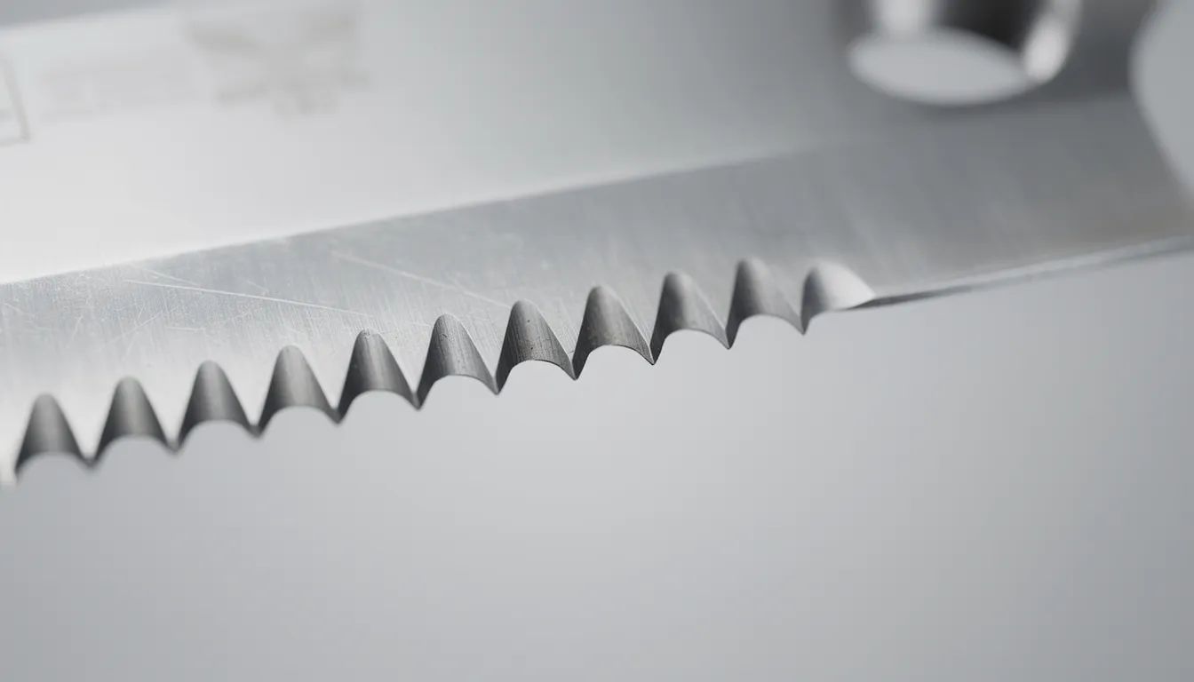 140mm doner bıçağı 4 delikli, dişli desen ve metalik yansımalarıyla profesyonel atölye ışığı altındaki net odaklı makro çekimi.