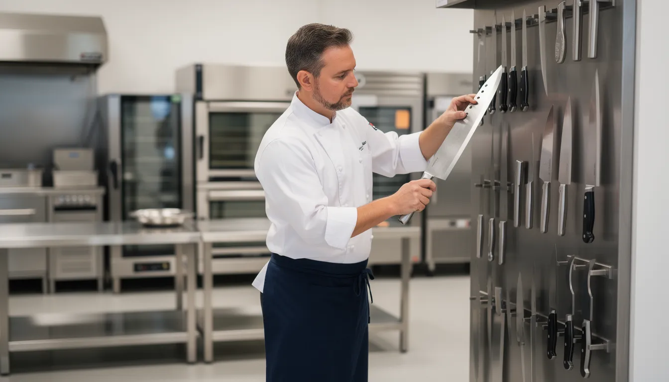 120mm döner bıçağı karşılaştırması: Profesyonel mutaahhit showroom'da çeşitli doner bıçağı ucu modellerini inceleyerek en uygun olanı seçiyor. Mutfak ekipmanları sergisi.