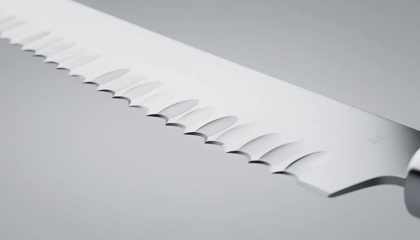 Close-up of serrated doner knife blade showcasing precise tooth pattern and metallic reflections under studio lighting—professional, sharp commercial photography.
