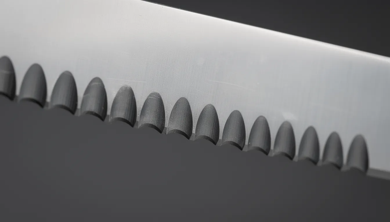 Close-up of a high-quality serrated doner knife blade, showcasing its precise tooth pattern and metallic reflections under studio lighting. Professional, sharp focus photography for döner blade comparison.