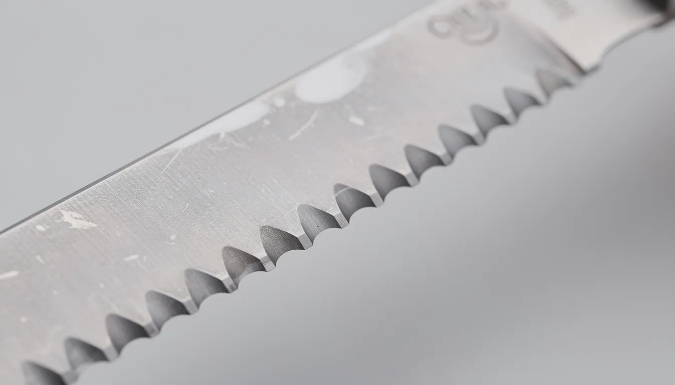 نصل مُتقطع الحواف لسكين الدوerner مع تفاصيل واضحة للأسنان والانعكاسات المعدنية في تصوير احترافي بضوء استوديو محترف.