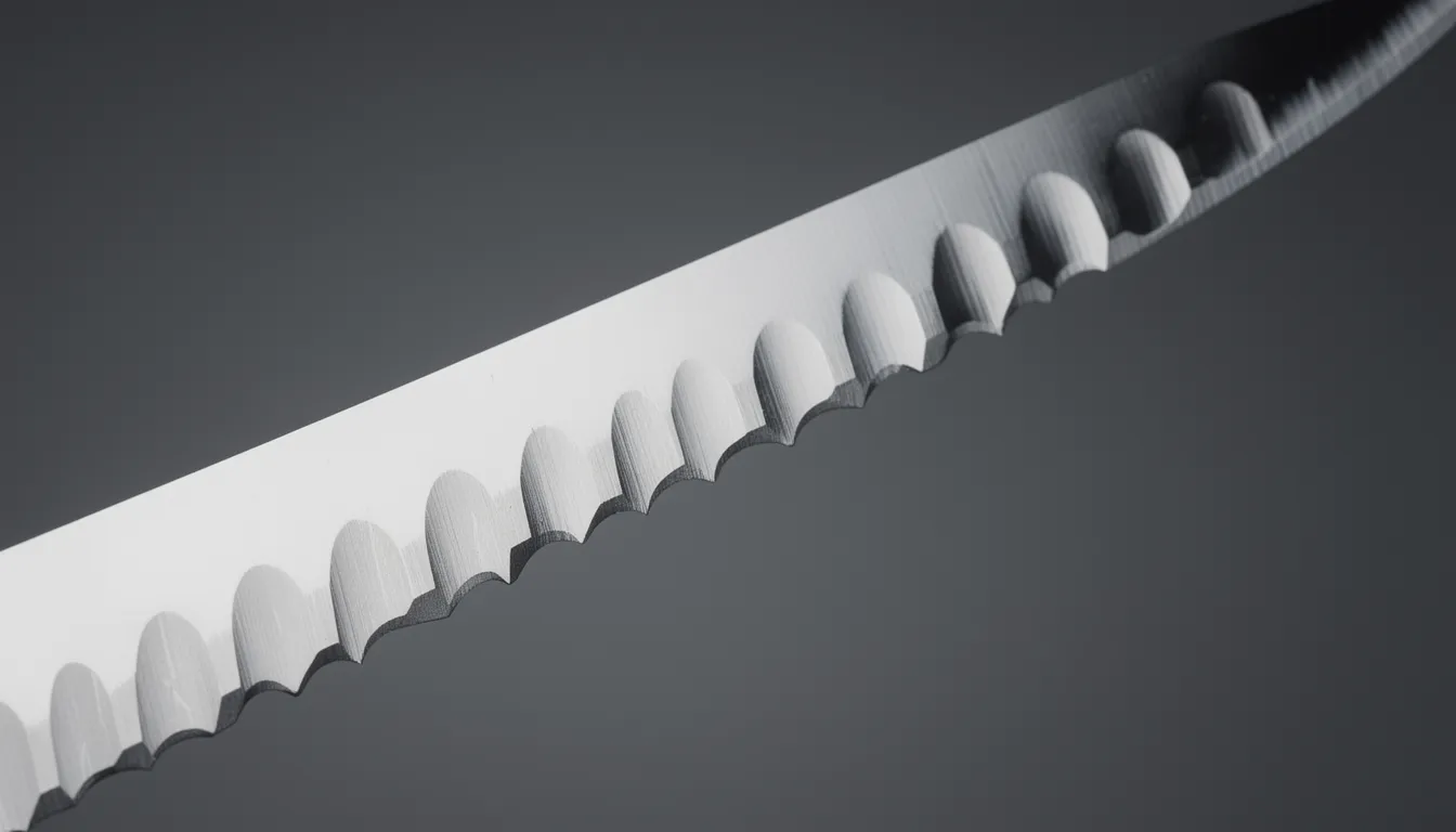 Close-up of a high-quality serrated doner knife blade showing precise serrated edges and metallic sheen under studio lighting, highlighting craftsmanship for choosing the right blade in 2026.