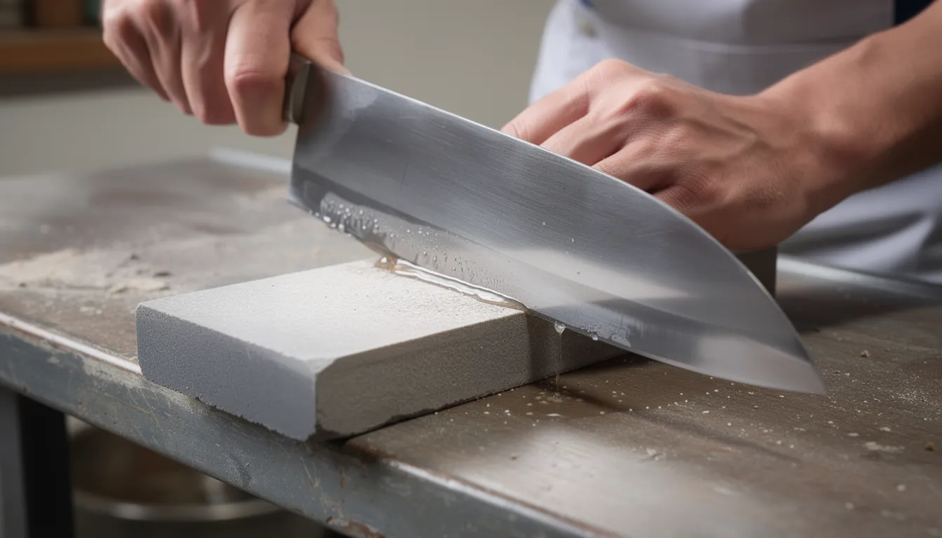 تلميع حافة سكين الدو너 بدقة على الحجر المخصص، تصوير احترافي بجودة عالية في بيئة مُعدّة بشكل محترف